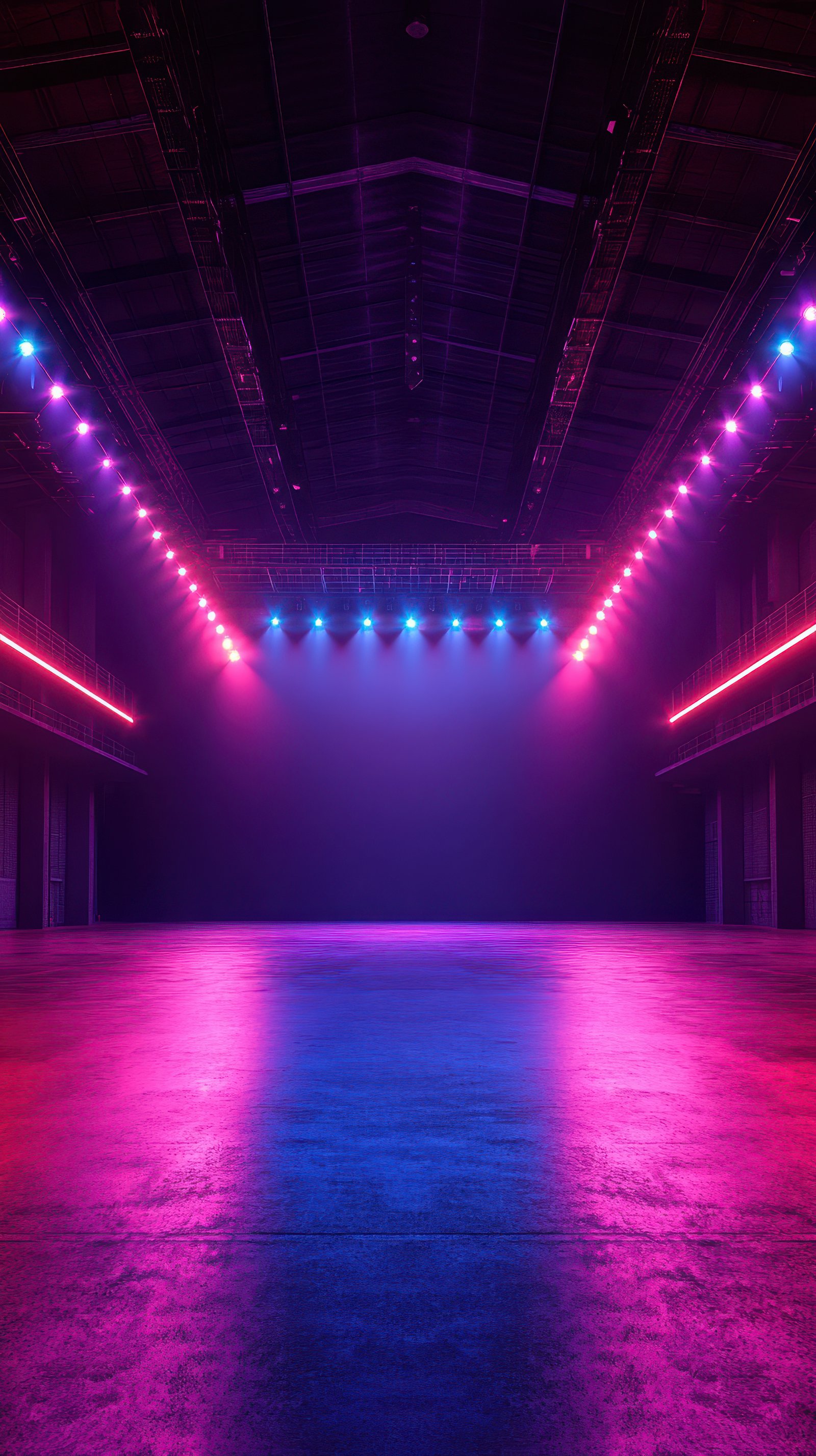 Brightly lit empty venue ready for a vibrant music event with dazzling lights and modern design
